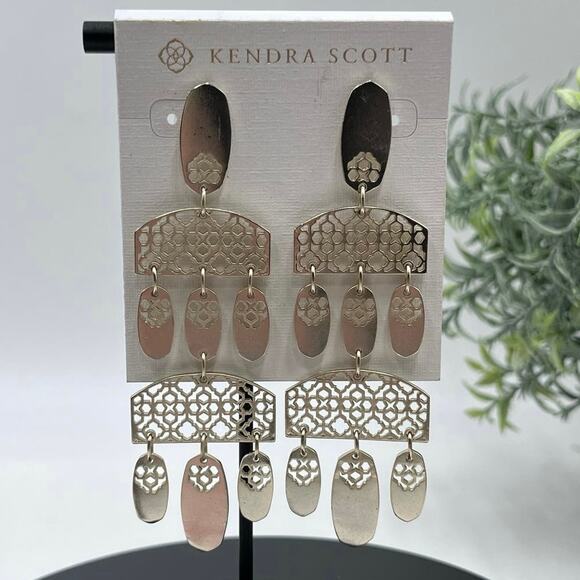 Kendra Scott Emmet Matte Gold Plated Filigree Dangle Earrings New - Picture 2 of 16